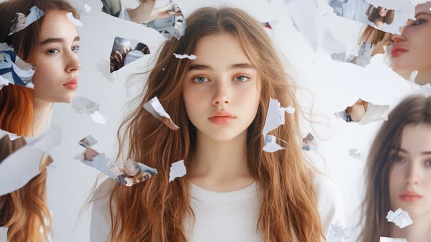 A girl surrounded by torn paper photo