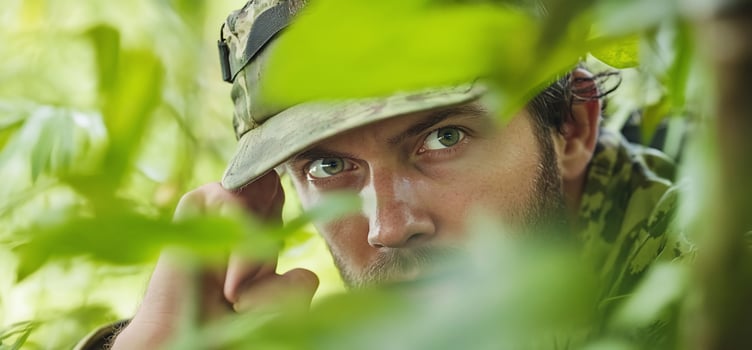 A man in camouflage is looking through the foliage photo