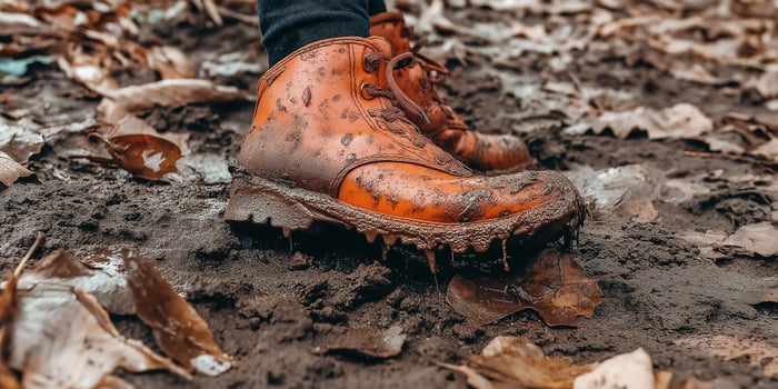 A person wearing an orange boot in the mud photo