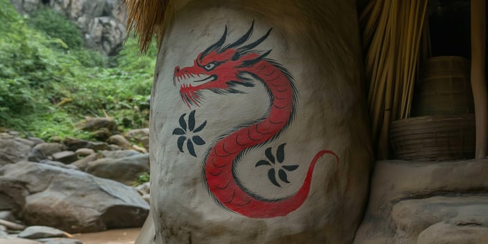 A red dragon painted on a stone wall photo