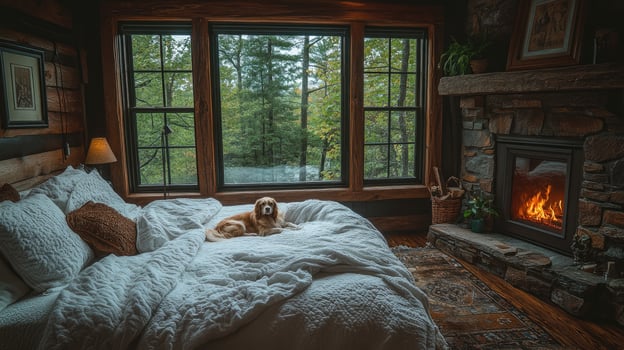 Cozy dog relaxing on bed in rustic cabin bedroom with fireplace and forest view photo