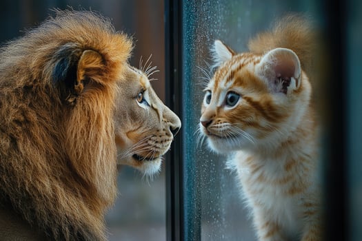 Lion and kitten looking at each other through a rainy window photo
