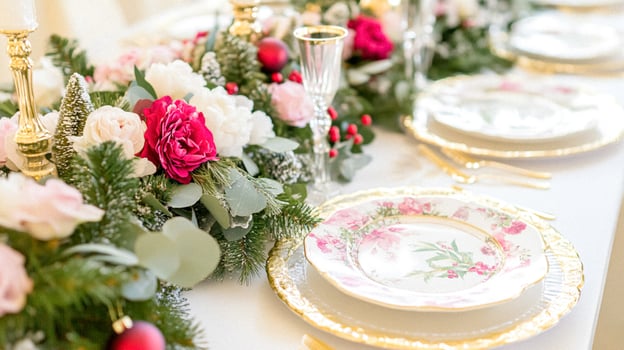 Christmas tablescape decoration, formal family dinner holiday celebration, luxury table setting decor, English country and home style photo
