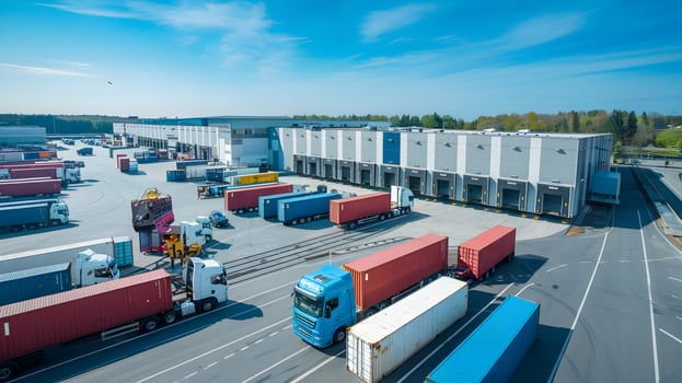 A large warehouse with trucks parked in front of it photo