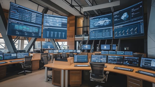 A large control room with multiple monitors and computers photo