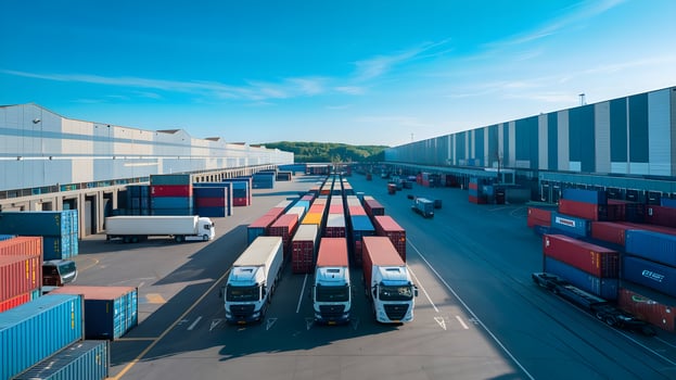 A large warehouse with trucks and containers photo