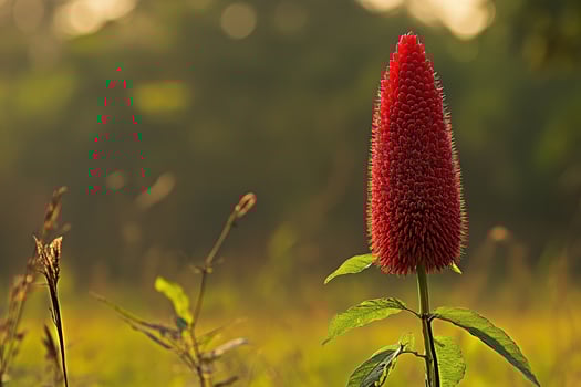Bright red flower standing tall in a natural landscape. photo