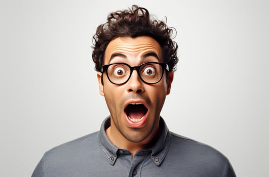Closeup portrait of a surprised man with curly hair and glasses The background is plain grey. photo