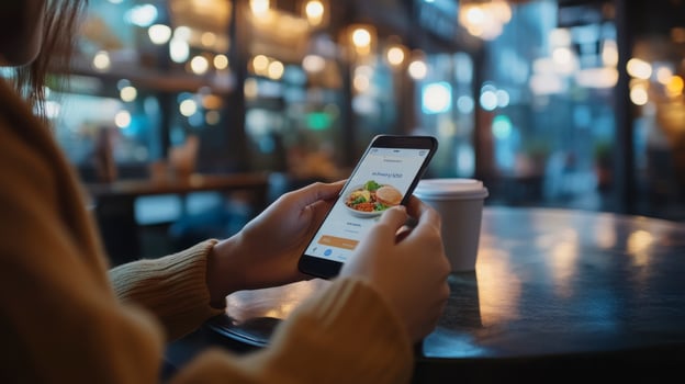 Woman using mobile food ordering app at caf, night scene photo
