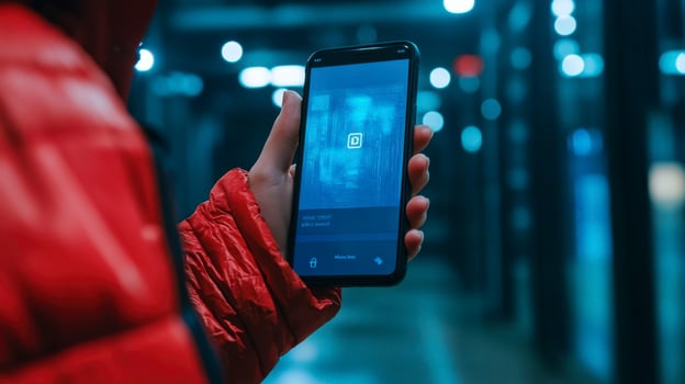 Person in red jacket using smartphone, nighttime urban setting photo