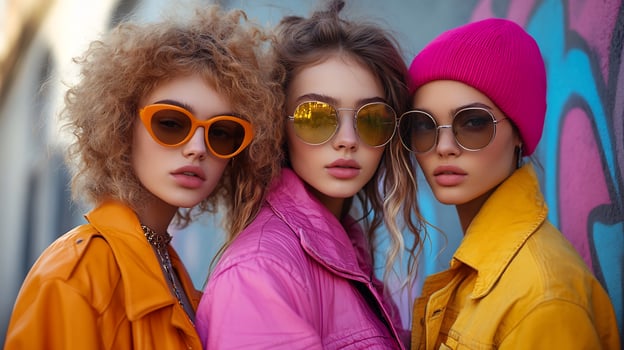 Urban streetwear scene diverse models showcasing trendy outfits against graffiti walls bathed in natural sunlight for an edgy style photo
