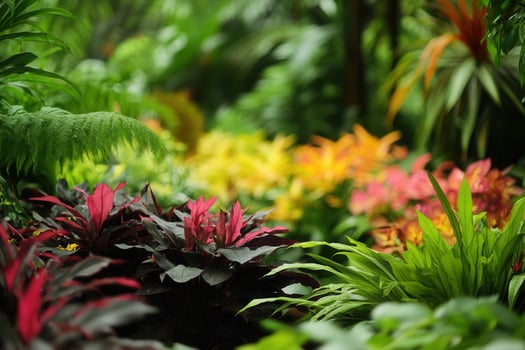 Lush tropical garden with vibrant foliage and flowers. photo