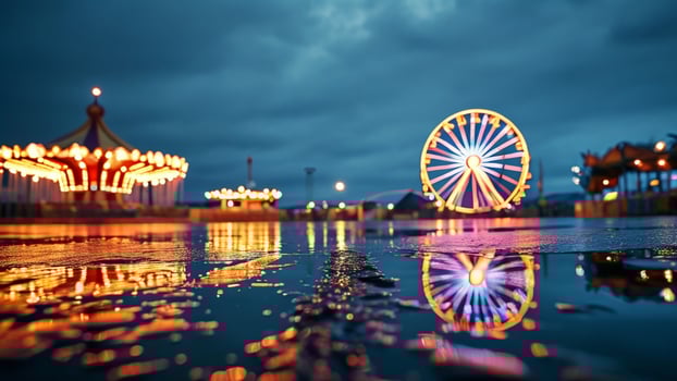 Amusement park at night reflecting in a puddle. photo