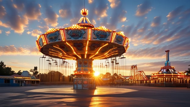 Amusement park carousel at sunset photo