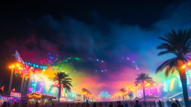 Colorful fireworks display over a festive fairground at night. photo