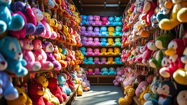Colorful stuffed animals on shelves in a toy store. photo