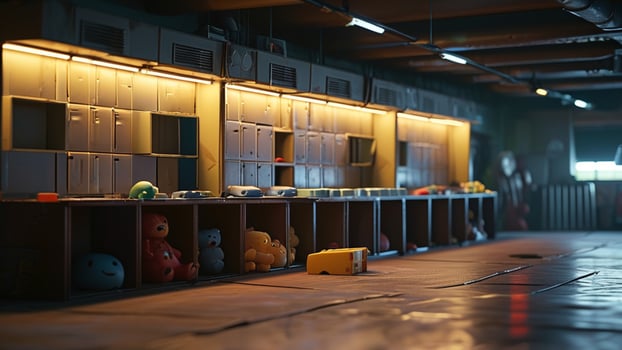 Dark, dimly lit room with old lockers and discarded toys. photo
