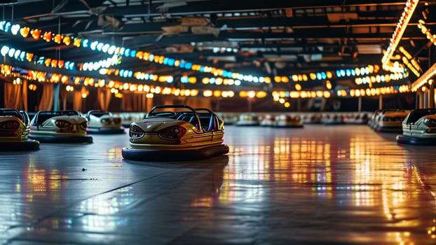 Empty bumper cars at night, amusement park photo