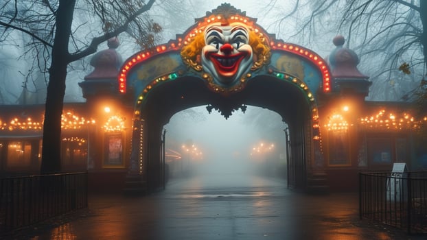 Foggy night at a creepy clown carnival entrance. photo