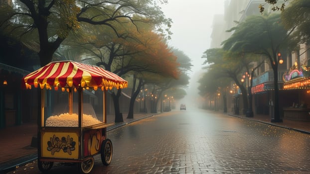Foggy street scene with a vintage popcorn cart photo