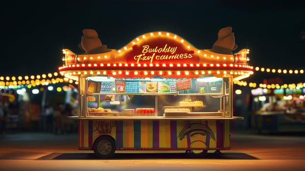 Illuminated food stall at night market. photo