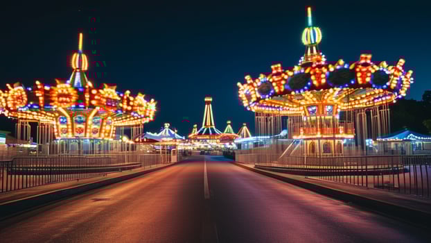 Night view of illuminated carousels at an amusement park. photo