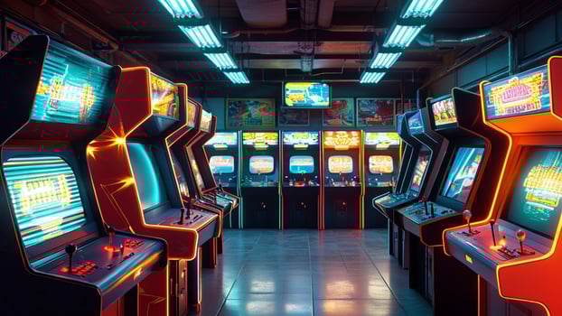 Retro arcade game room with glowing machines photo