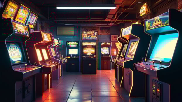 Retro arcade game room with neon lights photo