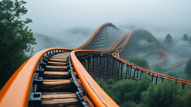 Rollercoaster in fog, misty mountain landscape photo