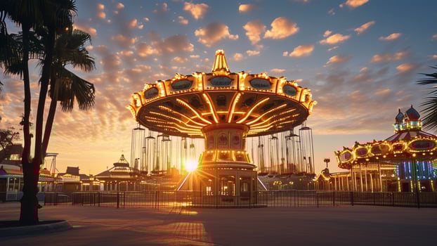 Sunset at amusement park with carousel photo