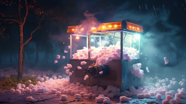 Surreal popcorn machine overflowing in the rain. photo