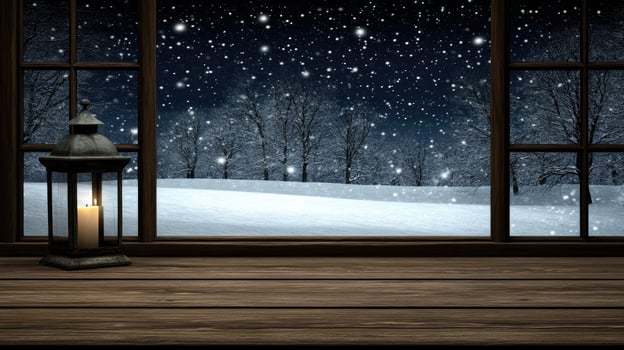 Winter landscape with snow and lantern on the window photo