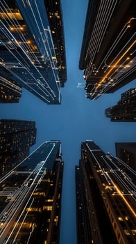 A view of tall buildings at night with lights photo