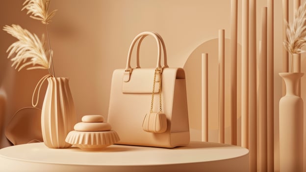 Chic E-Commerce Banner Featuring Mocha Mousse Handbags with Gold Accessories for Minimalist Design photo
