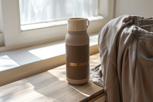 Mocha Mousse Water Bottle with Workout Gear on Gym Bench in Neutral Tones photo