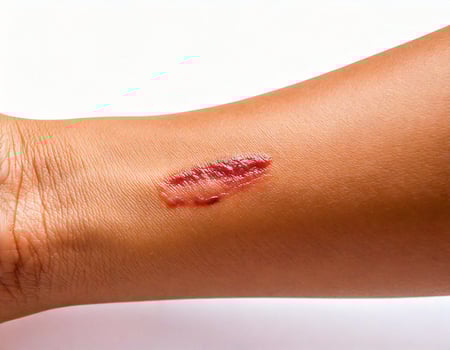 close-up of a fresh cut on a human forearm with slight bleeding and healing process isolated on white background photo