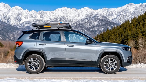 The 2020 jeep compass is parked on the side of the road with snow covered mountains in the photo