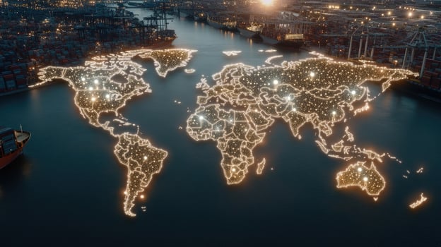 World map with lights in the sky photo
