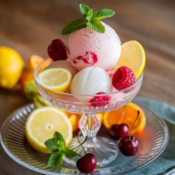 Ice cream with strawberries, raspberries and cherries photo