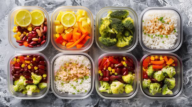 Flat lay of meal prep containers with rice beans mixed vegetables budget-friendly, photo