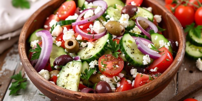 Keto-friendly Greek salad with cucumber, tomato, red onion, olives, and feta cheese, picture photo