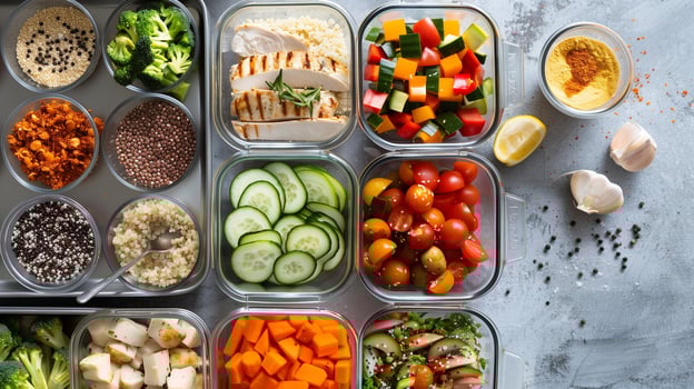 Meal prep station with roasted vegetables grilled chicken quinoa portioned into containers, picture photo