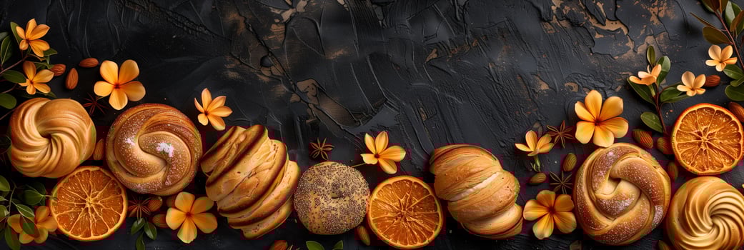 Bakery menu featuring breads, cookies, and desserts, styled in dark amber and orange tones, photorealistic photo