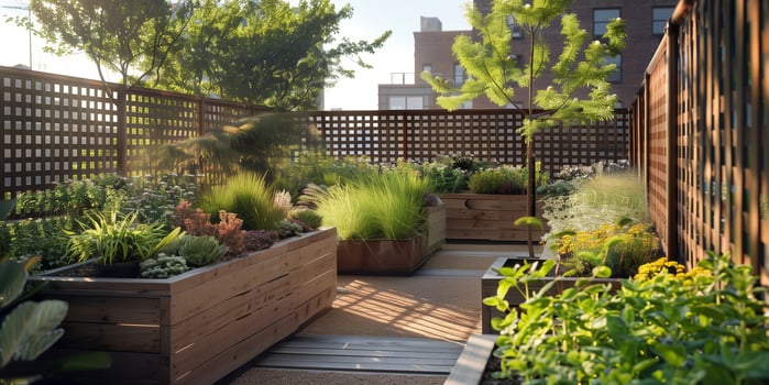 Serene rooftop garden with raised wooden planters filled with perennial grasses and flowering sedums, bordered by lattice panels, picture photo