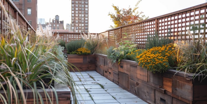 Serene rooftop garden with raised wooden planters filled with perennial grasses and flowering sedums, bordered by lattice panels, picture photo