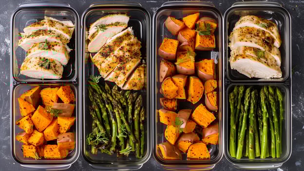 Containers with baked chicken roasted sweet potatoes and steamed asparagus organized, picture photo
