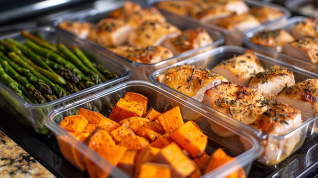 Containers with baked chicken roasted sweet potatoes and steamed asparagus organized, photography photo