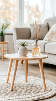 A wooden table with a vase of flowers on it photo