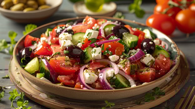 Vibrant Greek salad with tomatoes cucumbers red onions olives and feta cheese, photorealistic photo