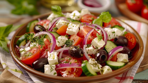 Vibrant Greek salad with tomatoes cucumbers red onions olives and feta cheese, picture photo